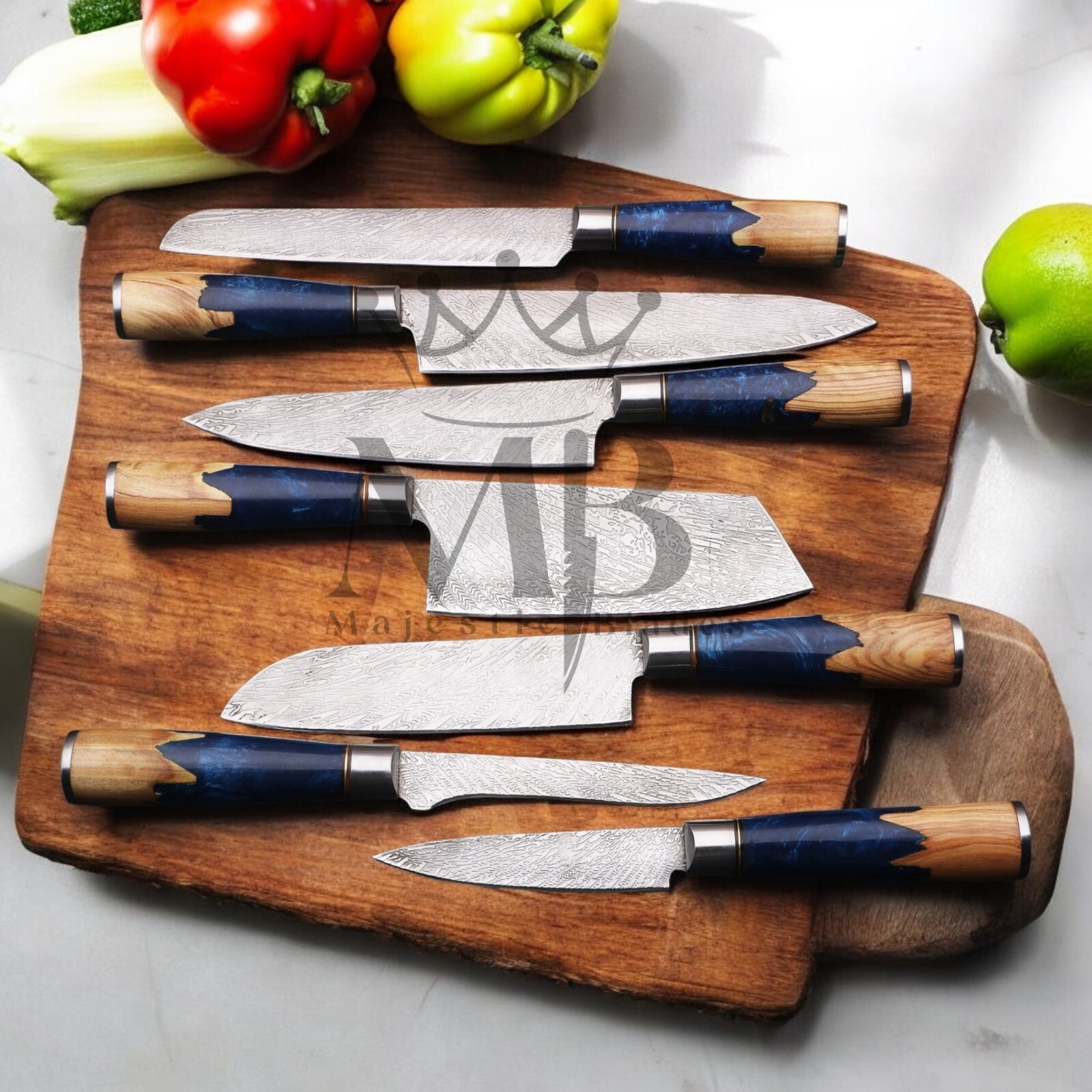 STUNNING 7PCS DAMASCUS STEEL KNIFE SET WITH BLUE RESIN BURL WOOD HANDLE