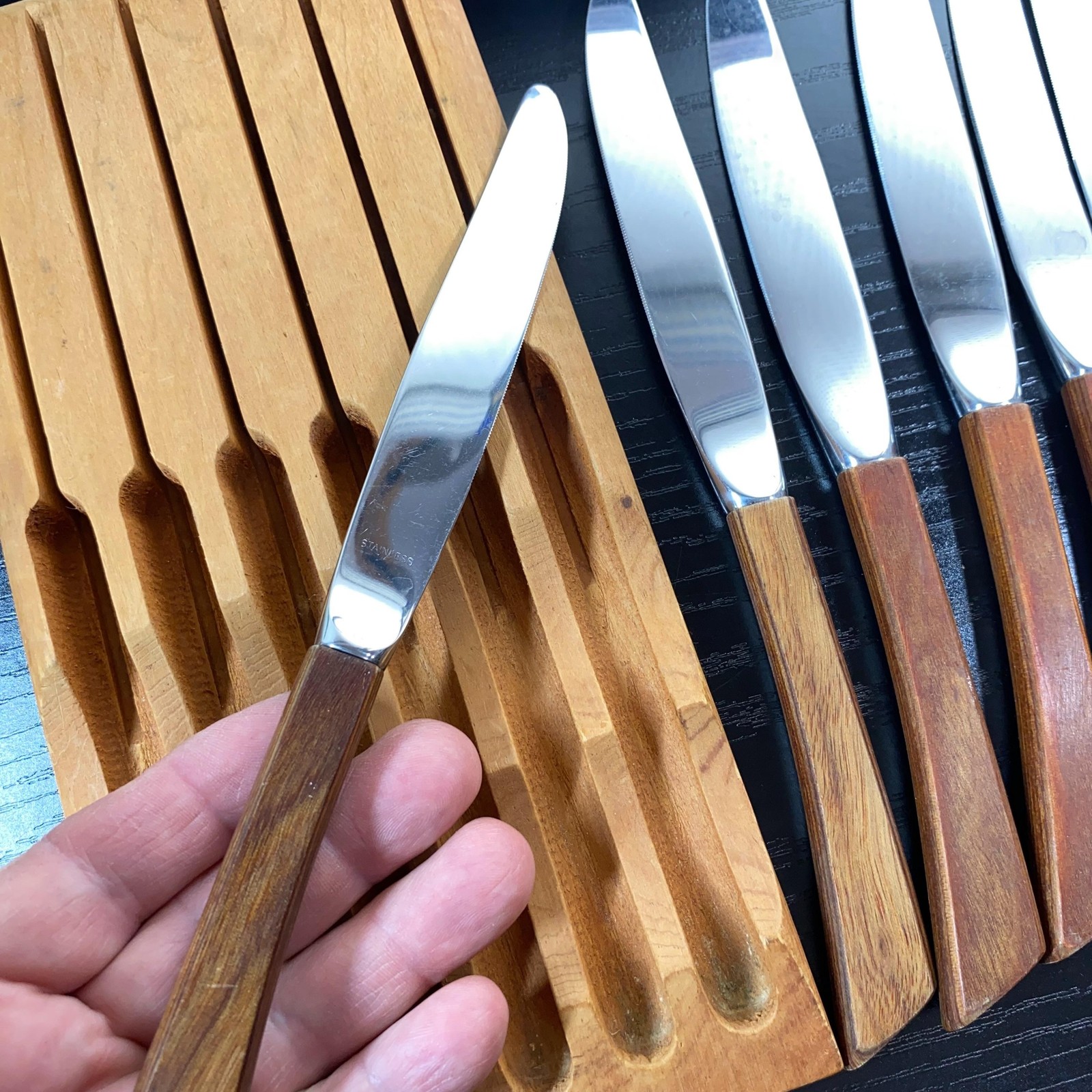 Vintage Steak Knives Set Of 7 Teak Wood Handles Stainless With Tray Brown MCM