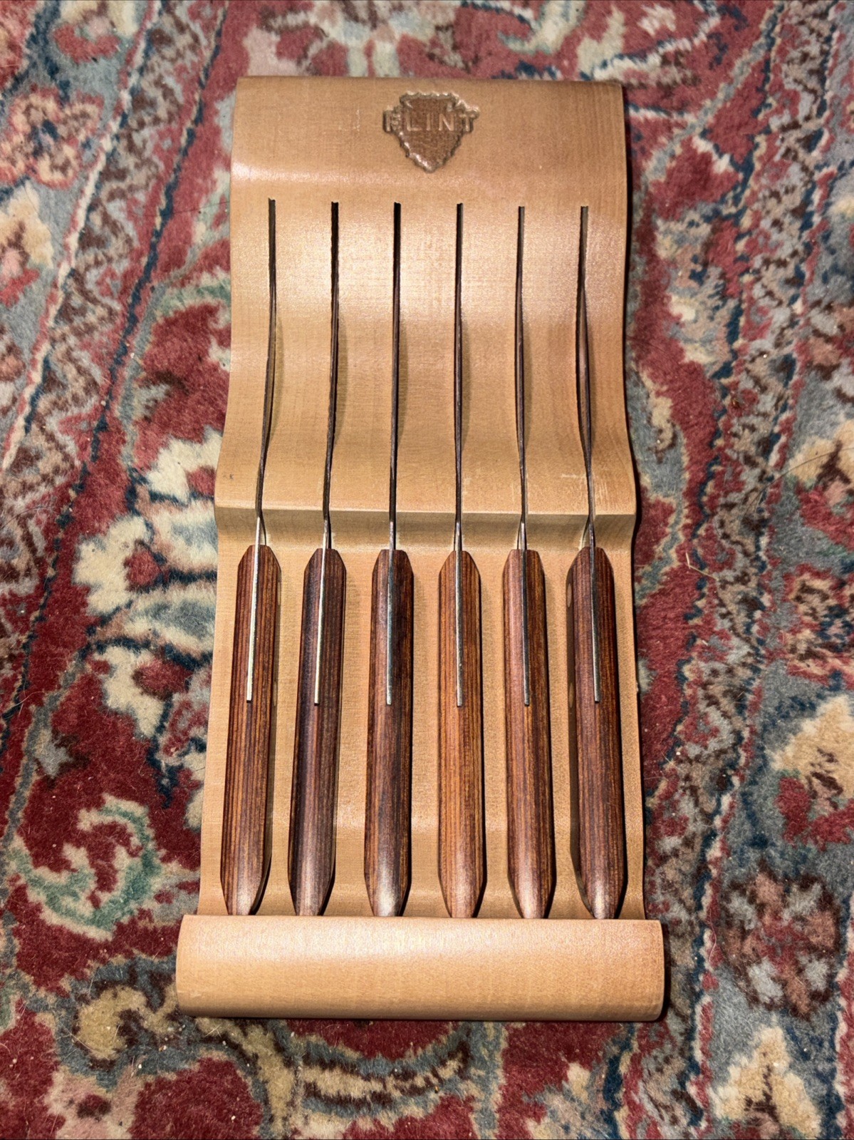 Vtg Flint USA Stainless Steak Knife Set 6pc Wood Handle Rack Waverly Edge EUC