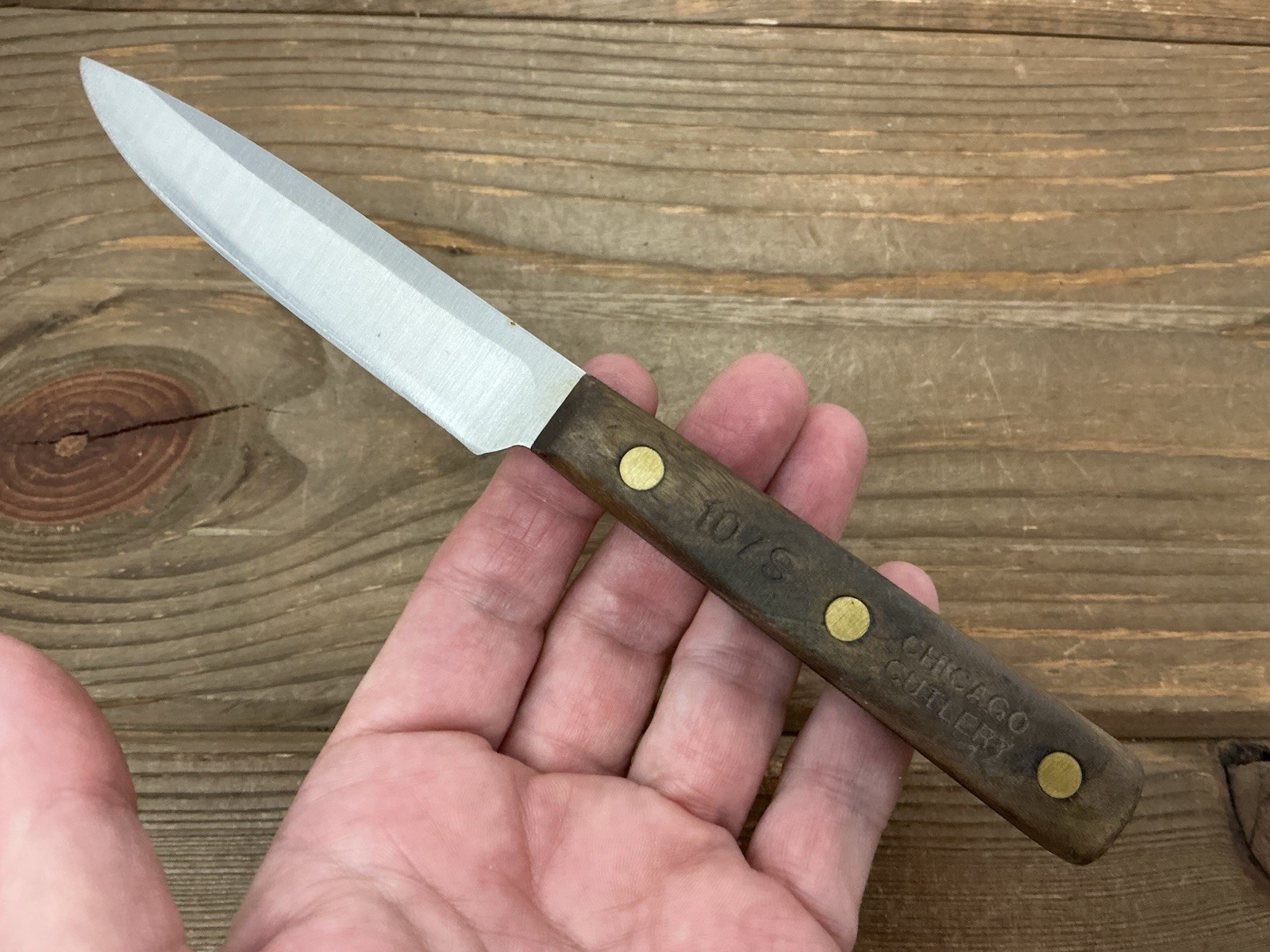 Vtg Chicago Cutlery 107S Pairing Knife 3.5” Stainless Full Tang USA Dark Handle