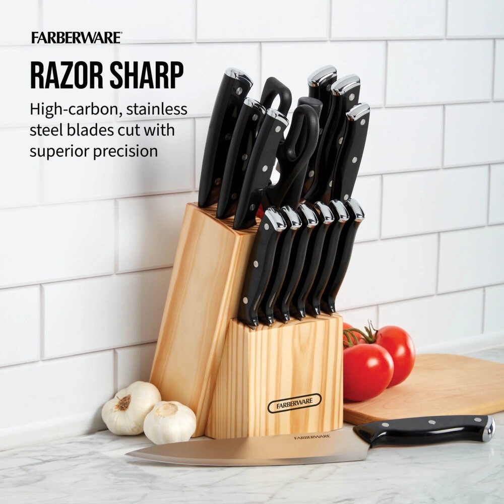 15-Piece Triple Rivet Kitchen Knife Block Set with Wood Block and Black Handles