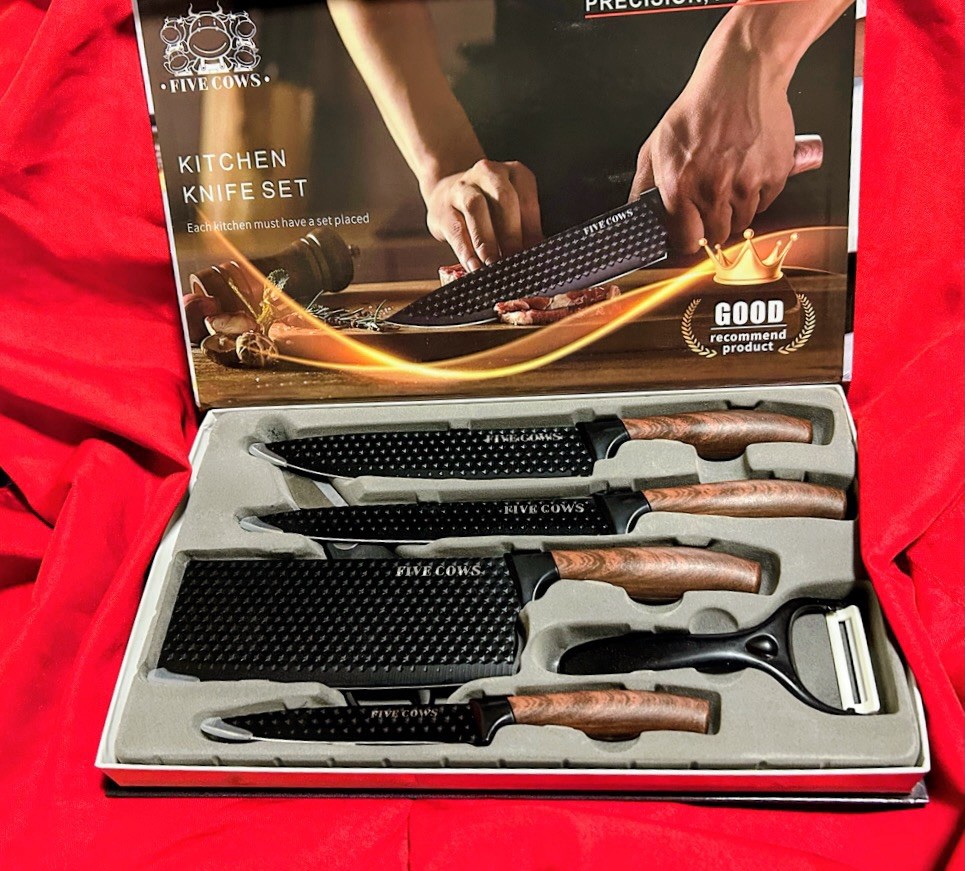 FIVE COWS 6-pc, 4 Kitchen Knives Scissors & Peeler, AntiSlip Grip/Gift Box