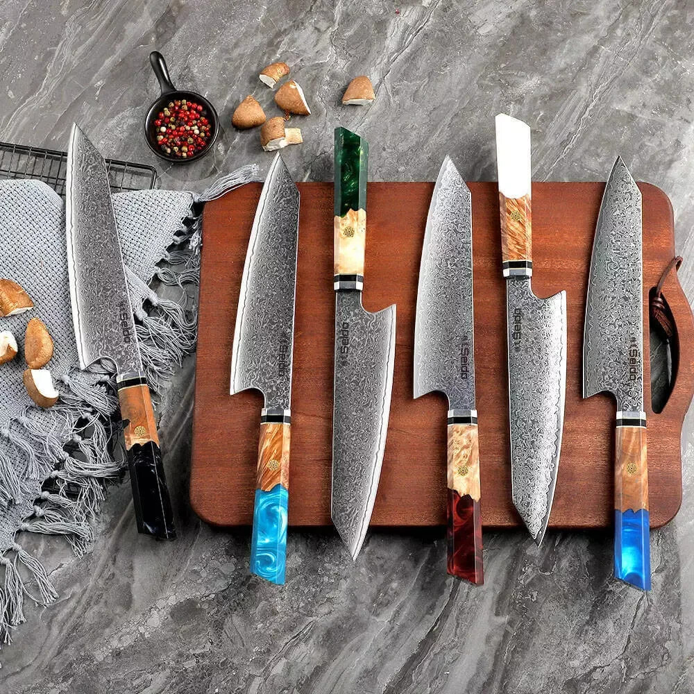 Seido Knives 8.5 Inches Kiritsuke Damascus Chef Knife Stabilized Wood Handle