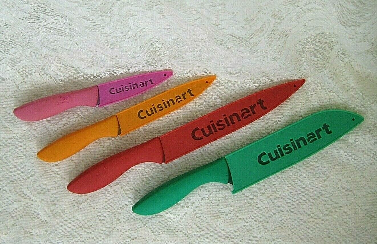 Set of 4 Cuisinart Knives with guards 8 10 12 13 inch pink orange green red