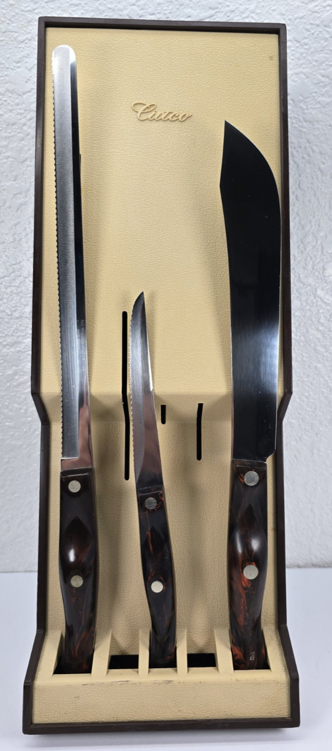 Vintage Cutco Knife Set 1722 Carver 1724 Slicer Marbled Brown with Wall Block