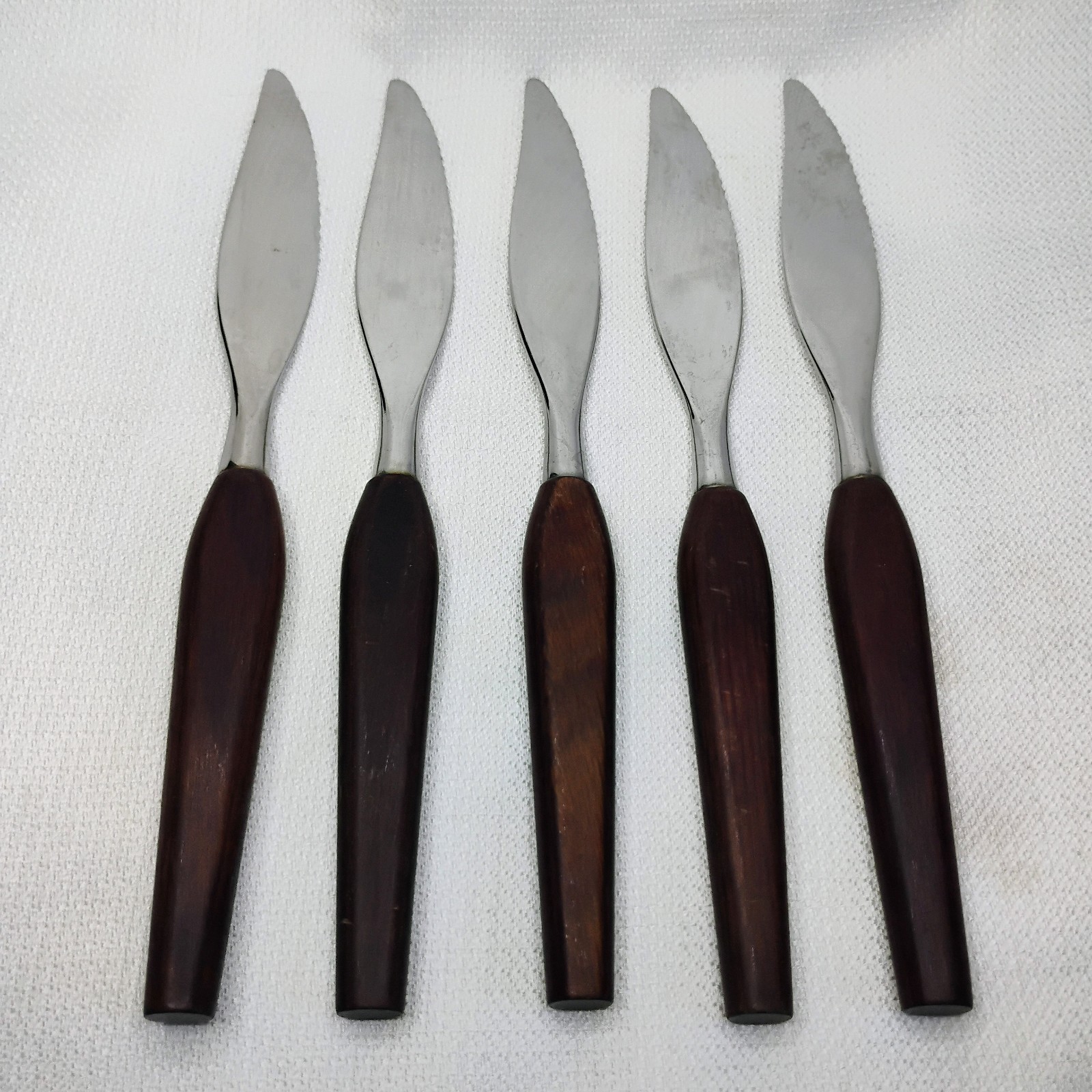 Vintage Teak Wood Fleetwood Designs Stainless Steak Knives Set of 5 8.25″ MCM