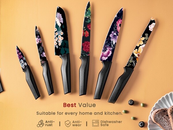 Astercook Knife Set 6 Piece Flower Kitchen Stainless Steel 6 Blade Guards Black