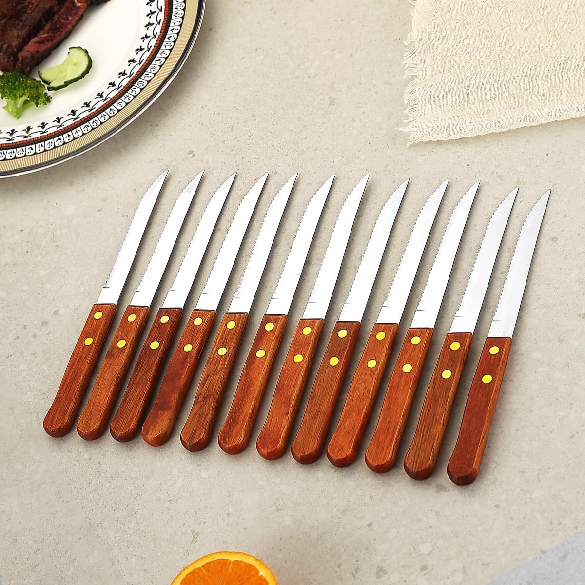 Steak Knives Set of 12, Wood Handle Stainless Steel Steak Knife Set, Serrated