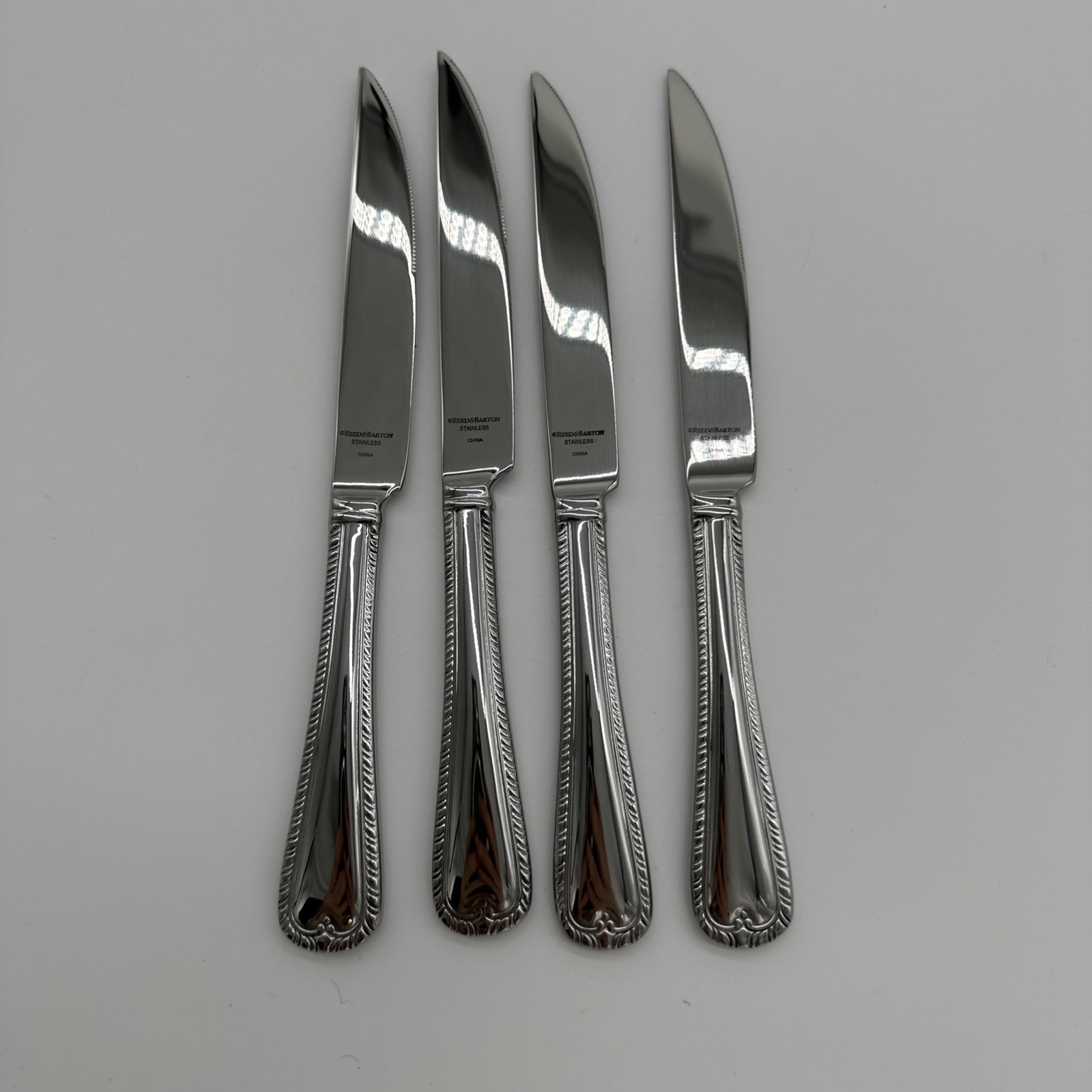 Reed & Barton Steak Knives Set of 4 Rope Edge Stainless Steel Silver 9 inch
