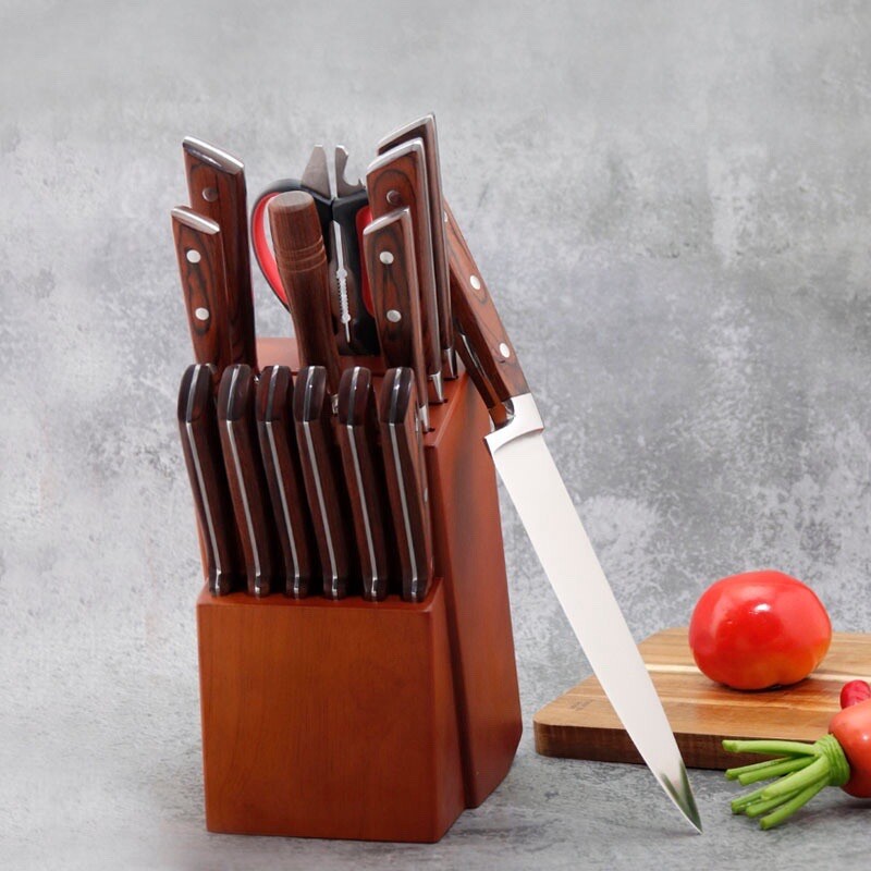 15 piece Stainless Steel Kitchen Knife Sets with Wooden Block and 2 pack glove
