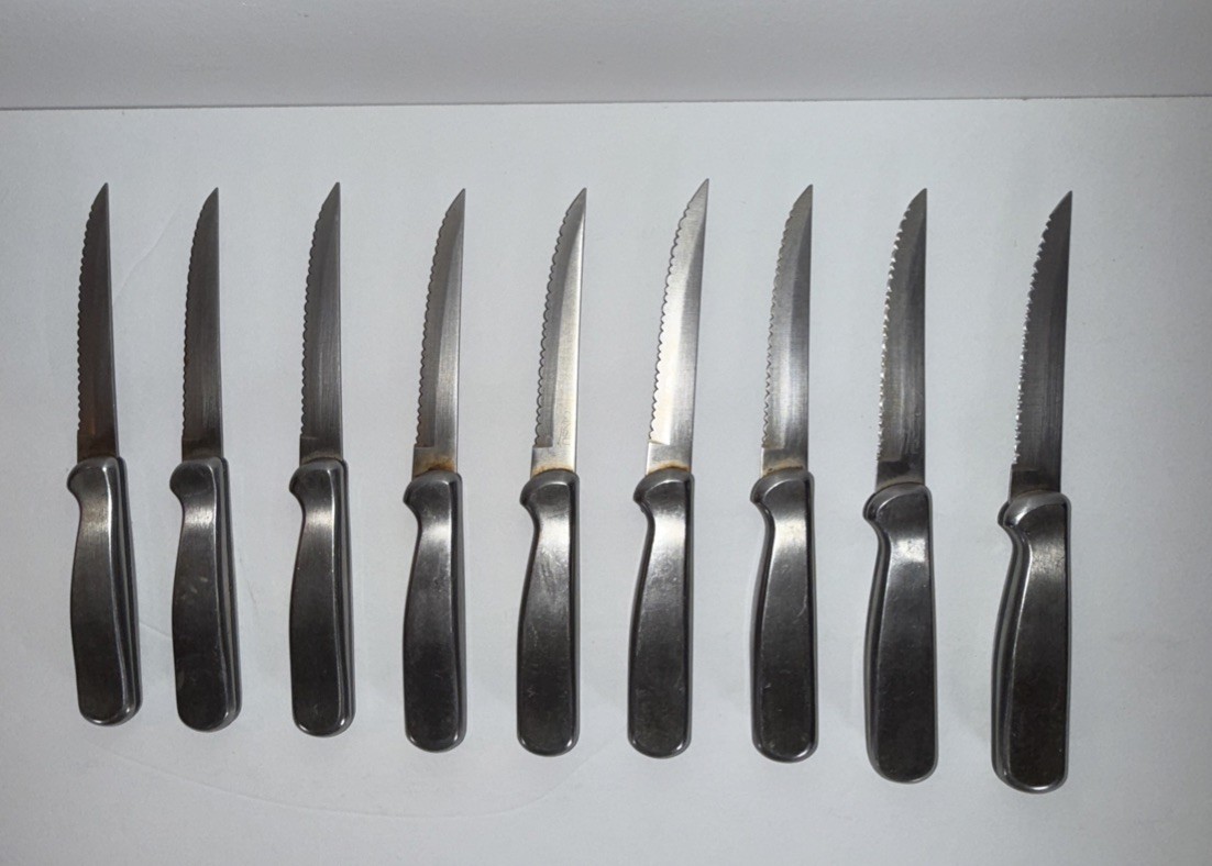 9 Ginsu Heavy Handled Stainless Steel Steak Knives Silver & Black Serrated 8.5”