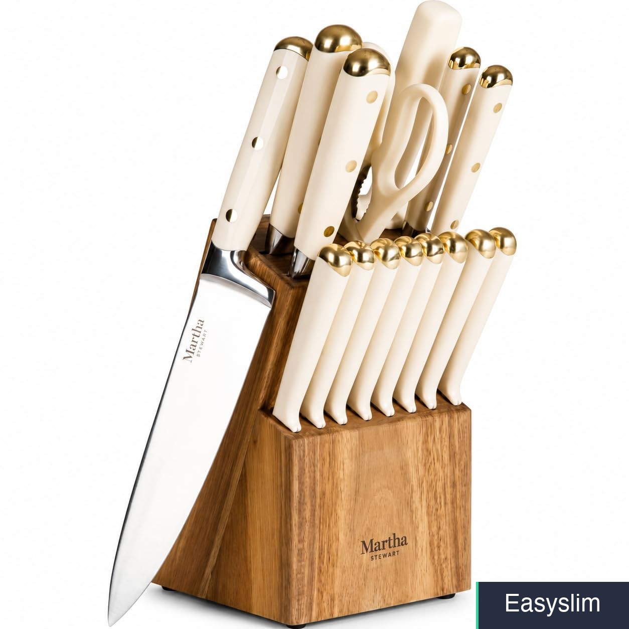 16-Piece Stainless Steel Knife Block Linen White Gold Acacia Wood