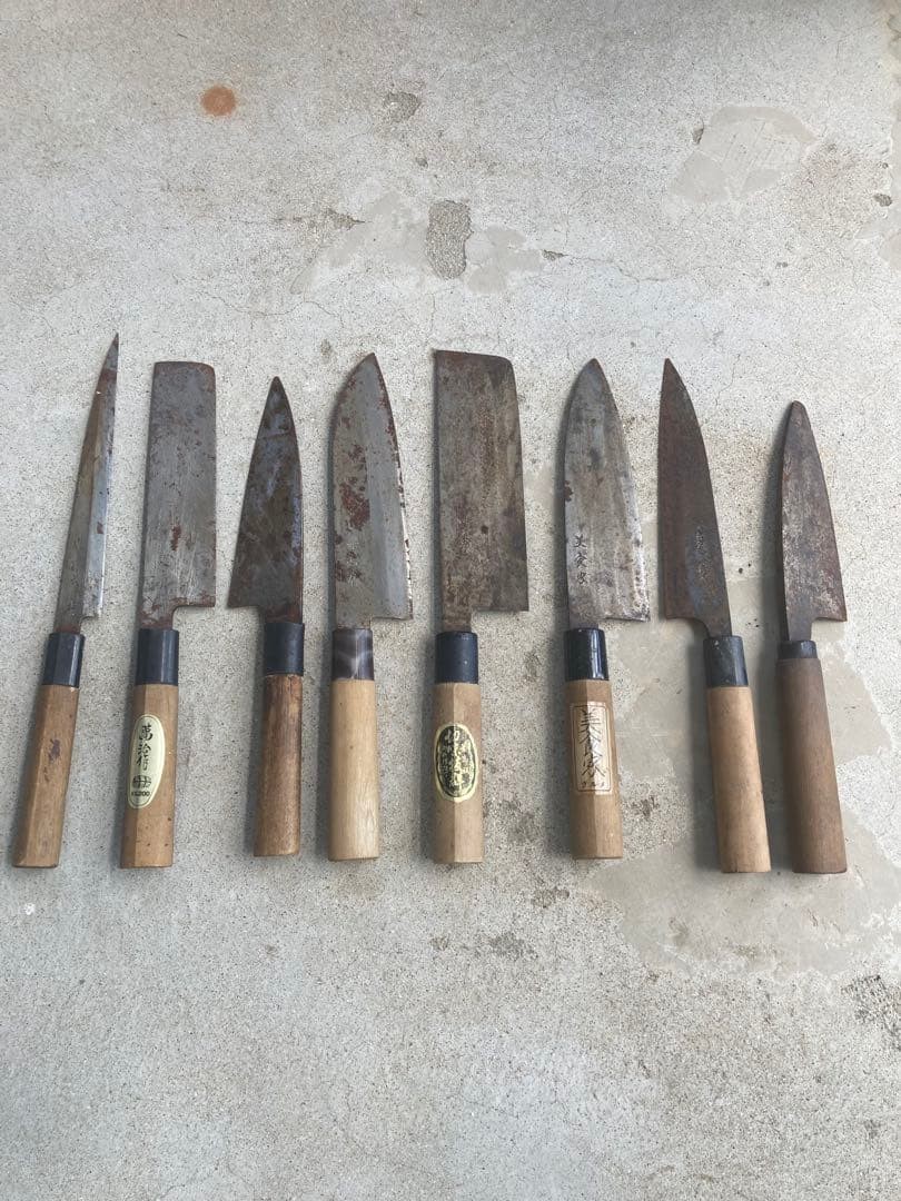 Japanese Kitchen Knives Set of 8 Used Includes Deba Yanagiba Gyuto Rusty