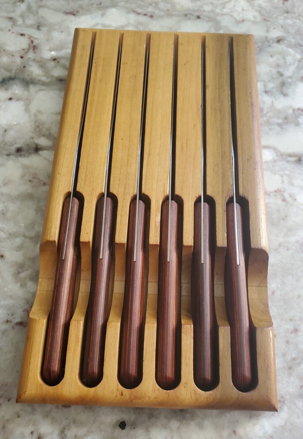 Vintage Boker Tree Brand Stainless Knife Set Brass Rivets Wood Handles Set 6