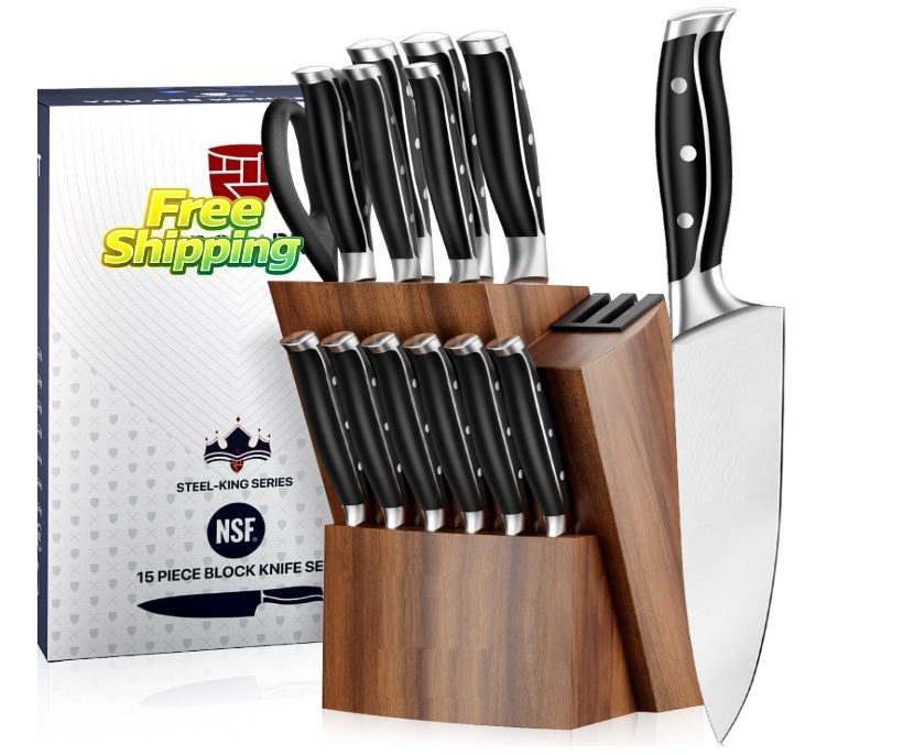 Juego cuchillos profesional 15 piezas full tang bloque y afilador incluido