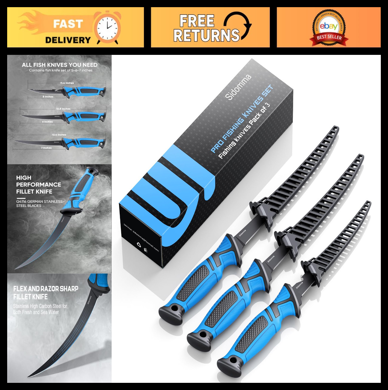 Fillet & Bait Knife Set – 5″ 6″ 7″ Razor Sharp Stainless Steel Blades with Sheat