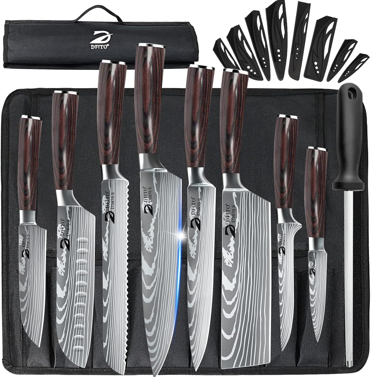🔹 Dfito Pro Chef Knife Set 9-Pc High Carbon Steel + Roll Bag, Dishwasher Safe