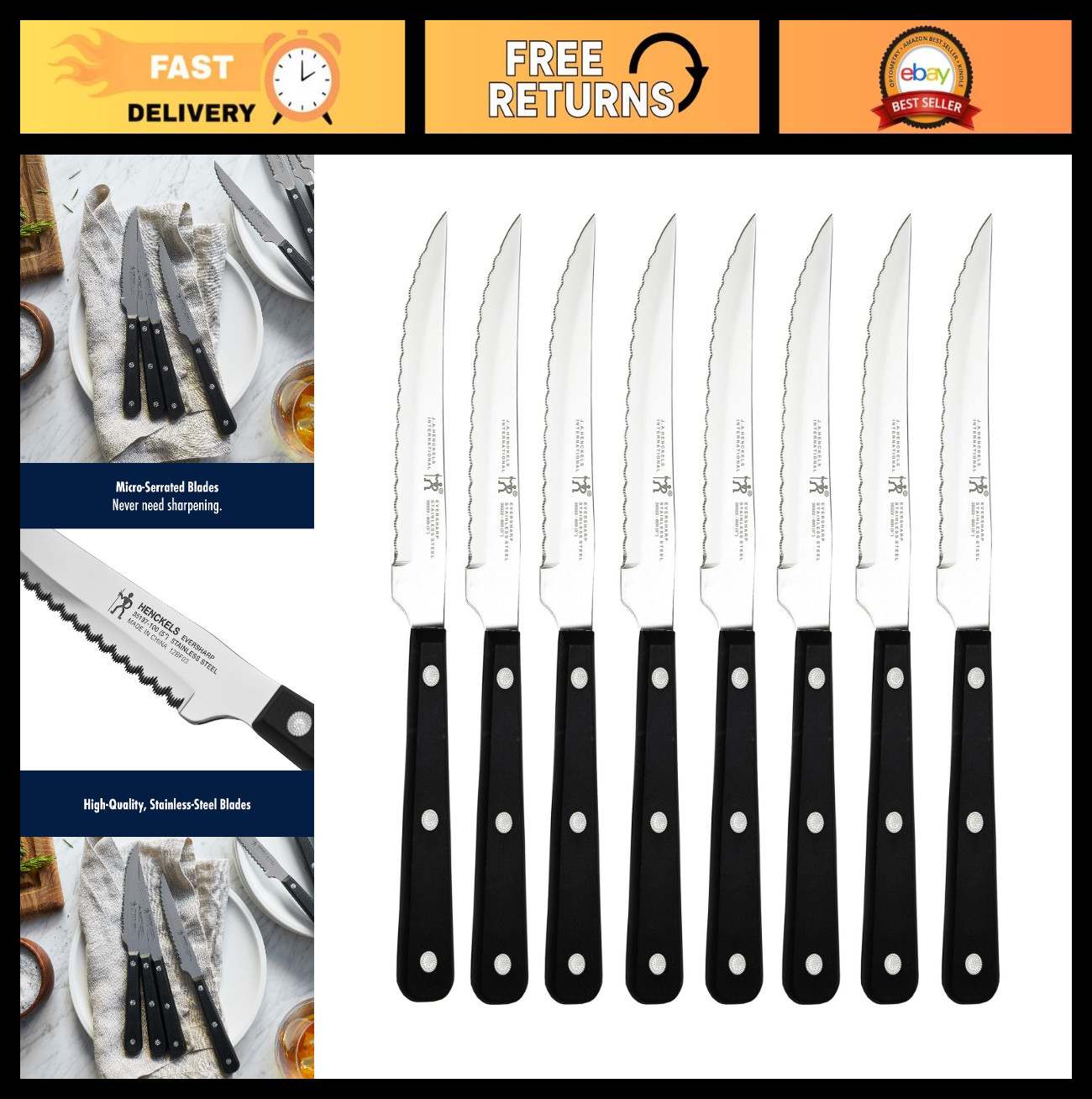 Razor-Sharp Steak Knife Set of 8 – German Engineered, Precision Cutting, Durable