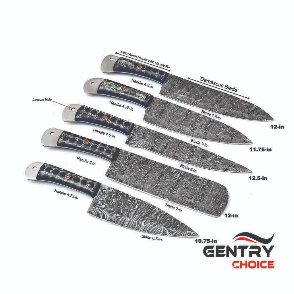 5Piece Damascus Kitchen Knives Set Blue Resin Handle & Leather Sheath Chef Knife