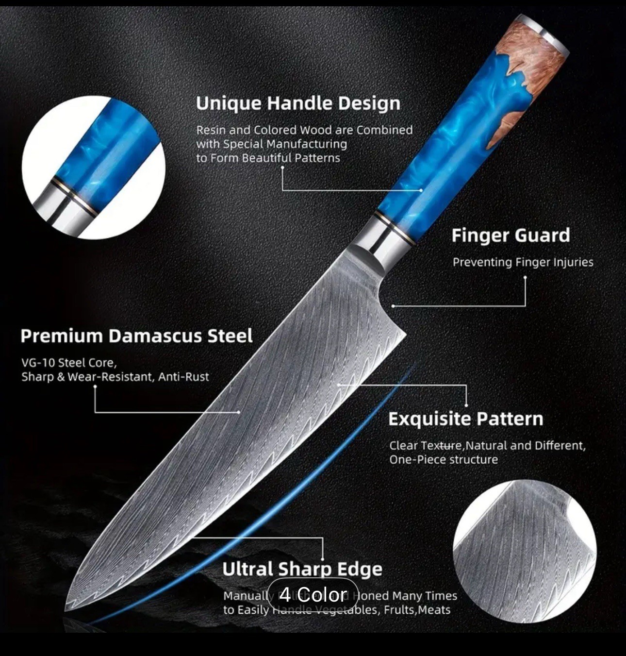 Damascus Steel Knife – 5 Piece Set – Unique Blue Resin Wood Handle w/ Gift Box