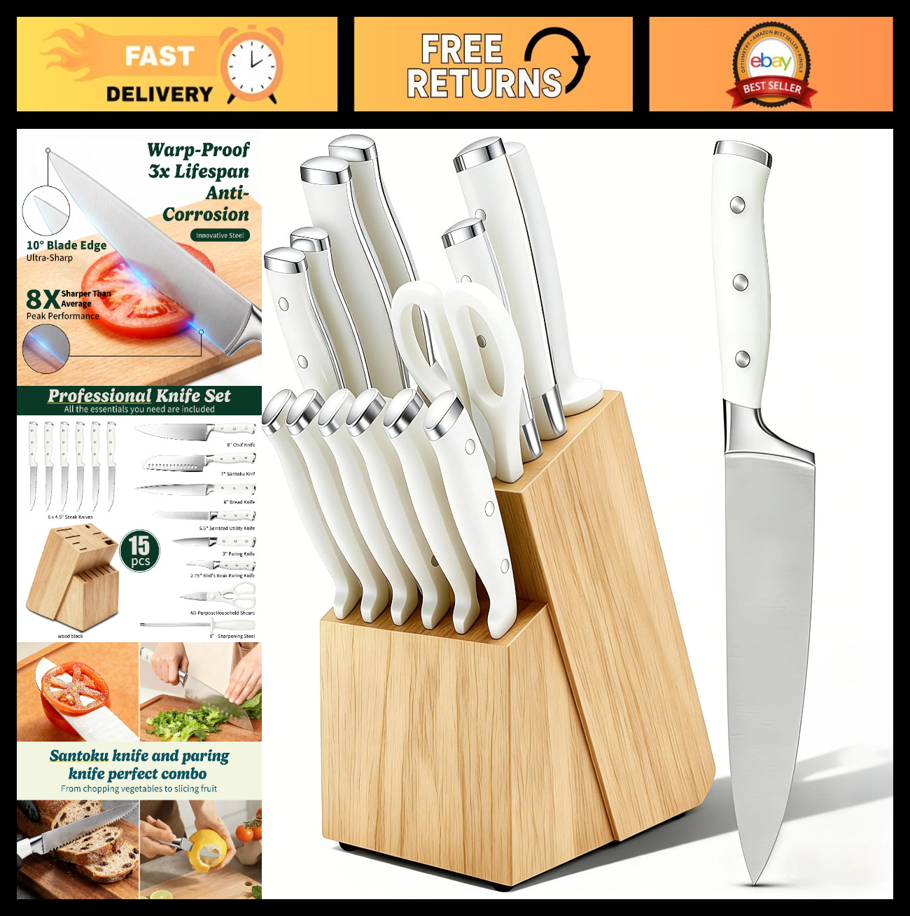 15-Piece Premium Chef Knife Set – High Carbon Stainless Steel, Razor-Sharp, Ergo