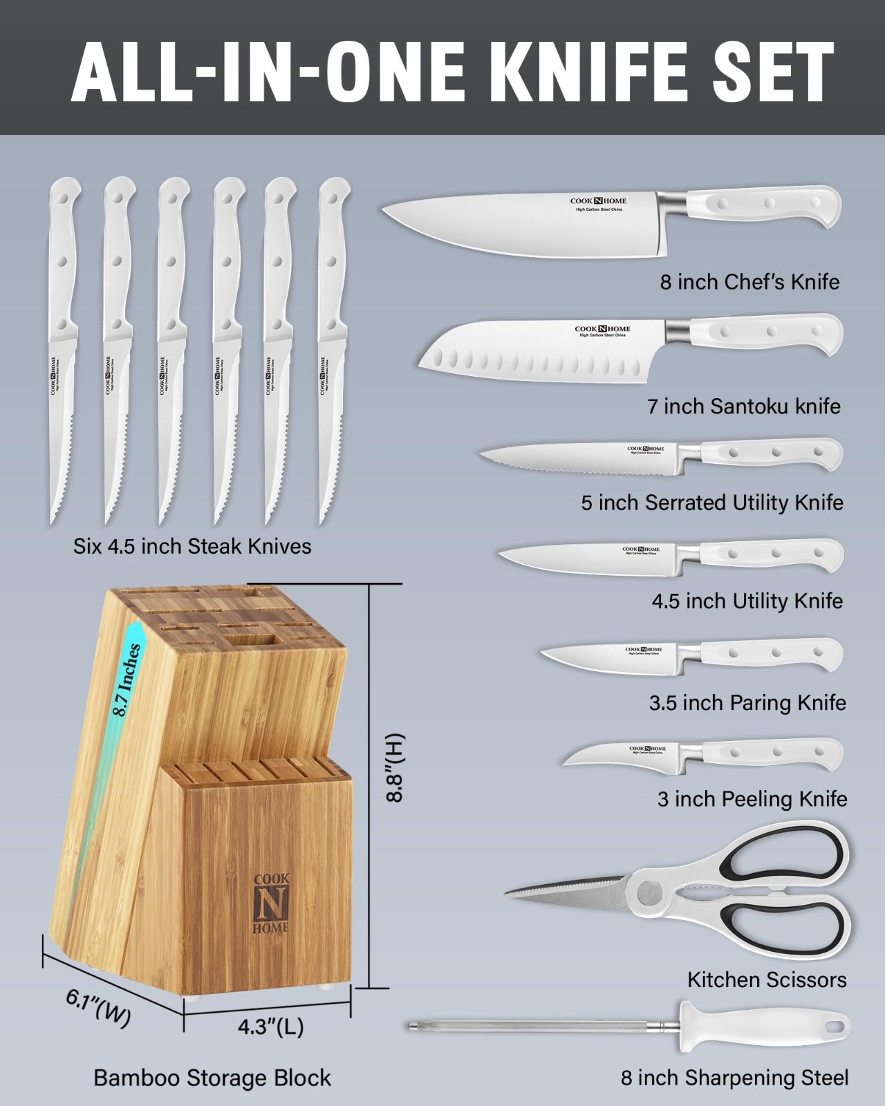 15-Piece Bamboo Kitchen Knife Block Set, High Carbon Stainless Steel Cutlery