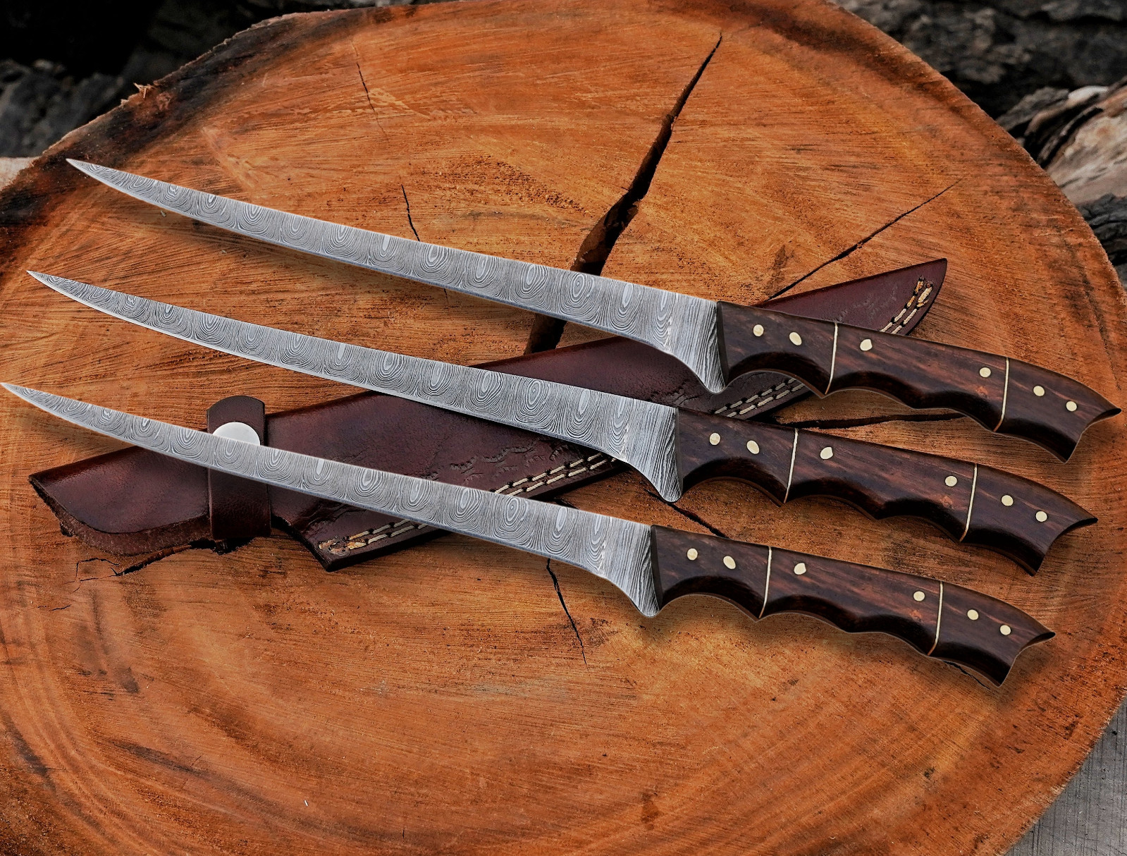 Pack of 3 Damascus Fish Fillet Knife Damascus Steel Hand Forged Thin Flexible.