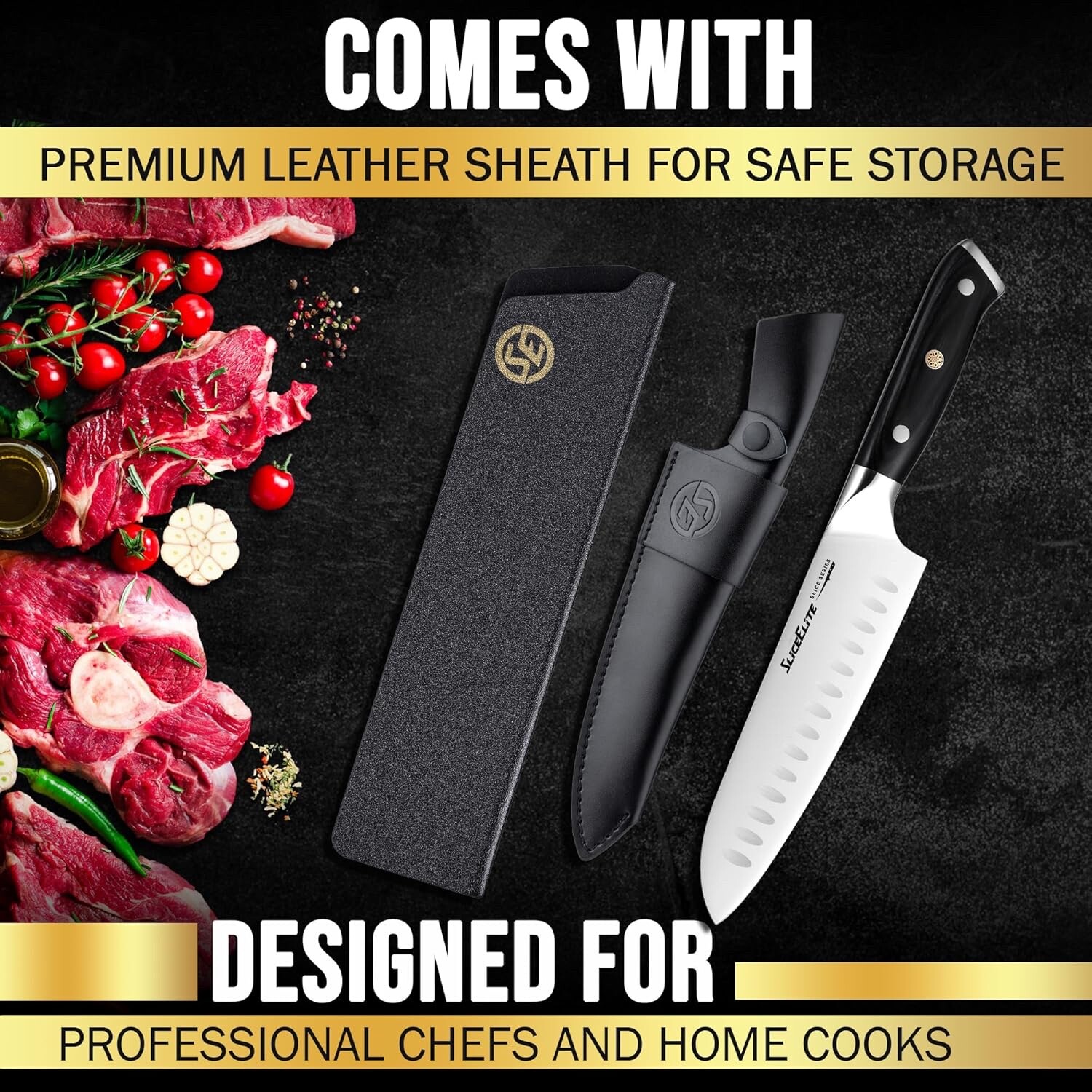 Slice Series 7-Inch Santoku Knife – High Carbon German Steel, Leather Sheath
