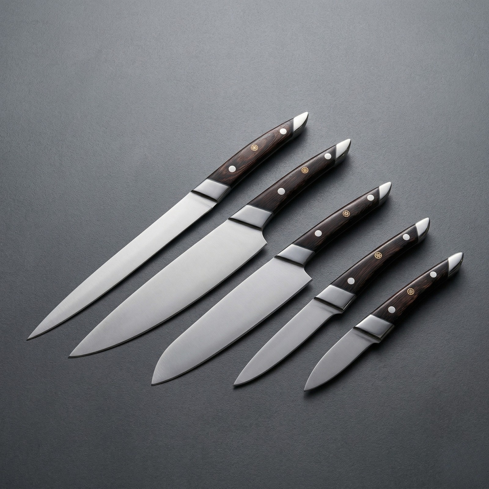 Custom 5pc Kitchen Knife Set Handmade Rosewood Mosaic Pin Professional Chef Gift