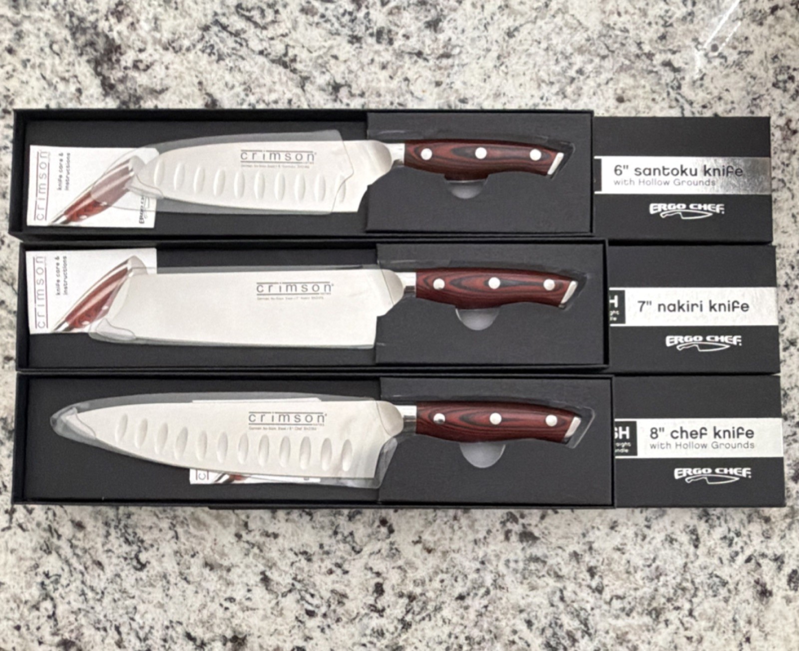 Ergo Chef Crimson Knife Set Santoku Nakiri Chef Stainless Steel Wood Handle