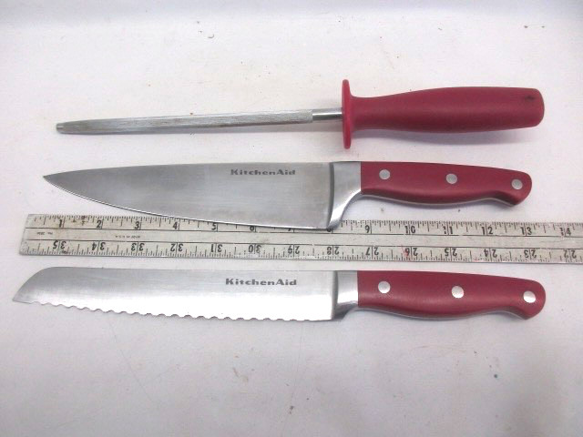 KITCHENAID Knife Block set of 11 Red handled Knives & Kitchen Tools Excellent