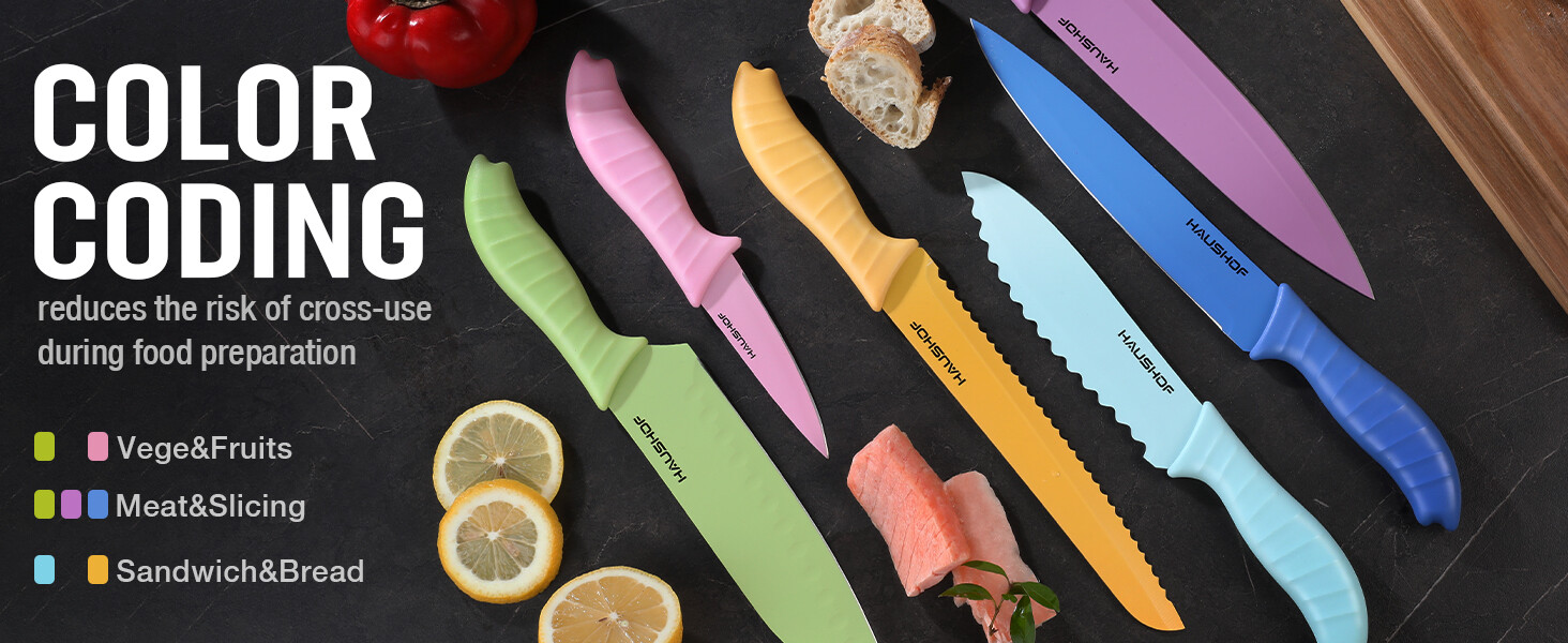 HAUSHOF 6PC Kitchen Knife Set Non-Stick Coated Stainless Steel Blades for Dicing
