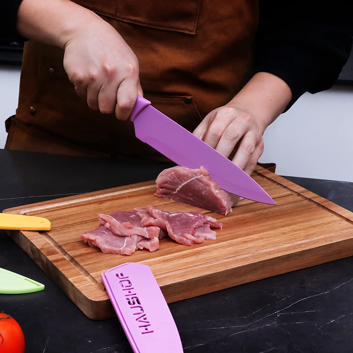 HAUSHOF Kitchen Knife Set 6PC Non-Stick Coated Stainless Steel Blades for Dicing