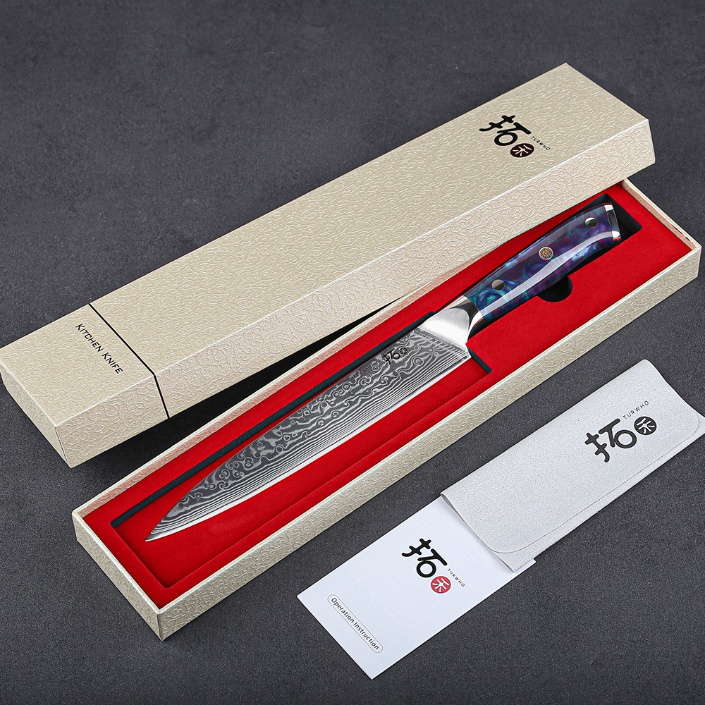 TURWHO 8in Slicing Knife Carving Knife Japanese VG10 Damascus Steel Resin Handle