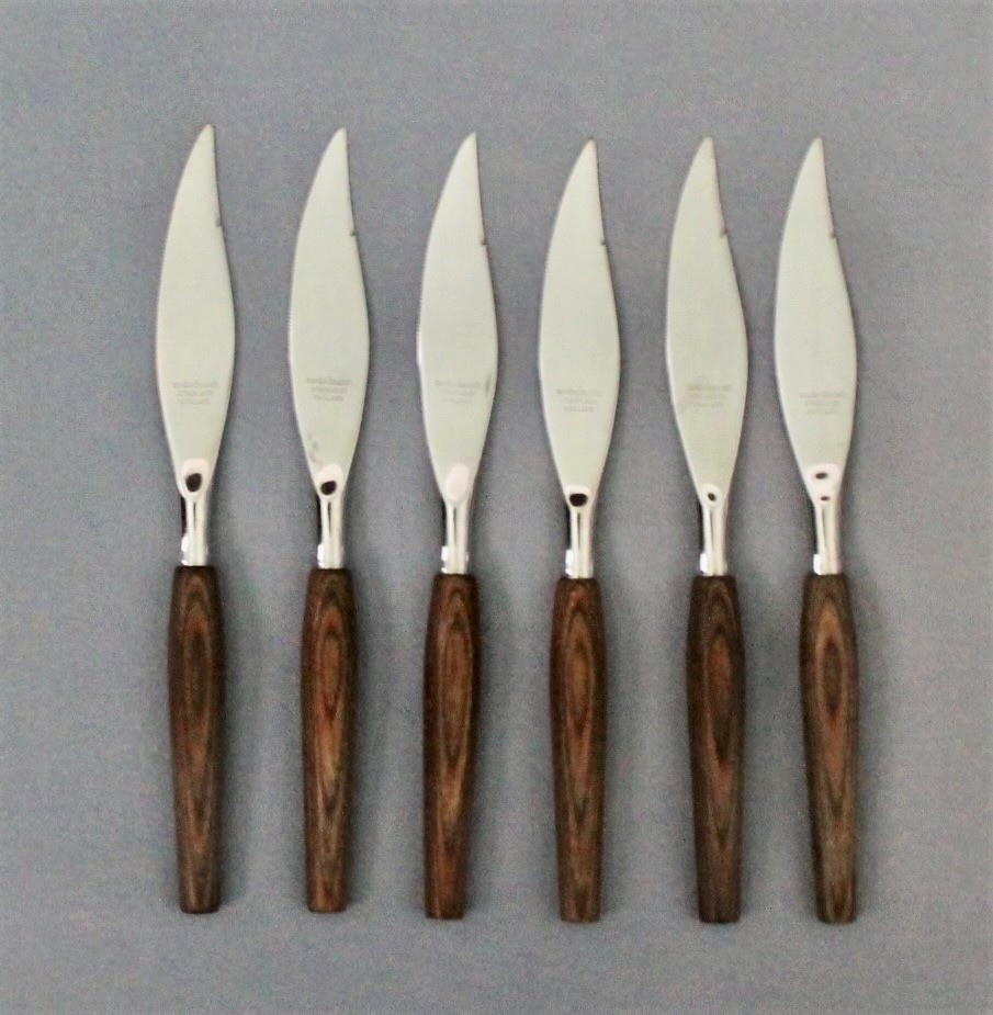 6 Vintage Mode Danish Stainless Steak Knives, Teak Wood Handles, Made in England