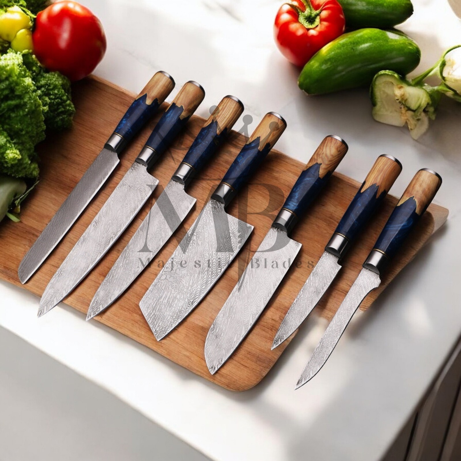 STUNNING 7PCS DAMASCUS STEEL KNIFE SET WITH BLUE RESIN BURL WOOD HANDLE