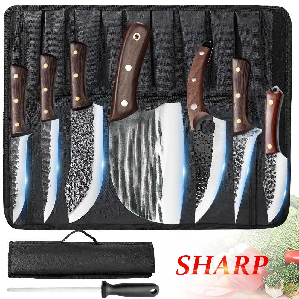 8PCS Handmade HAND FORGED DAMASCUS STEEL CHEF KNIFE Set Kitchen Knives