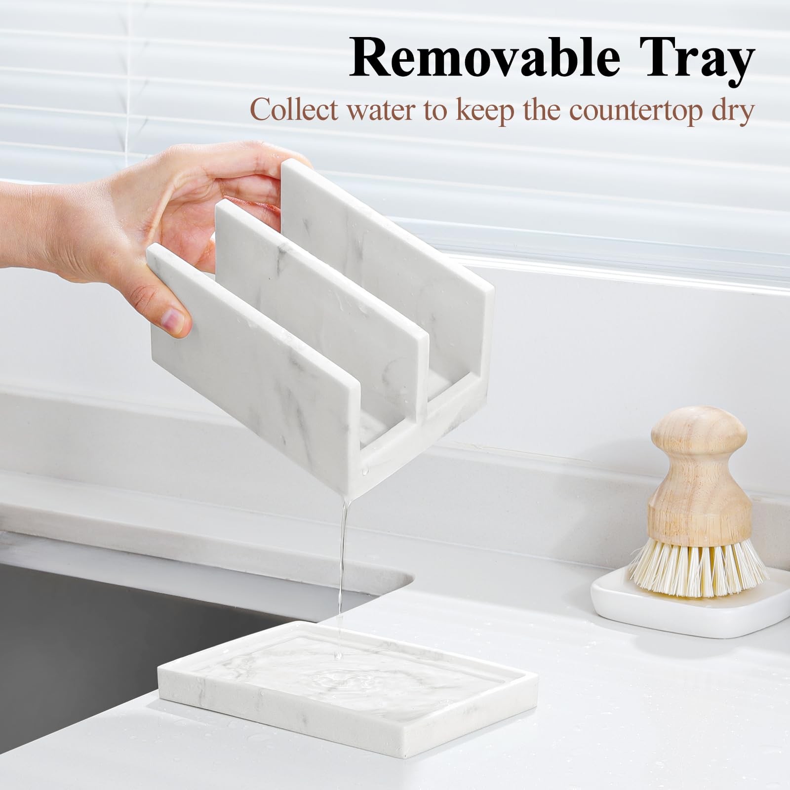 Luxspire Marble Kitchen Sponge Holder with Drain Tray – Dual Compartment