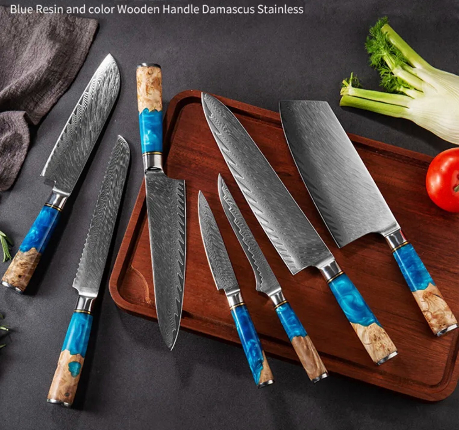 Coated Steel Chef Knife Set of 7 Pcs With Blue Rose & Olive Wood handle