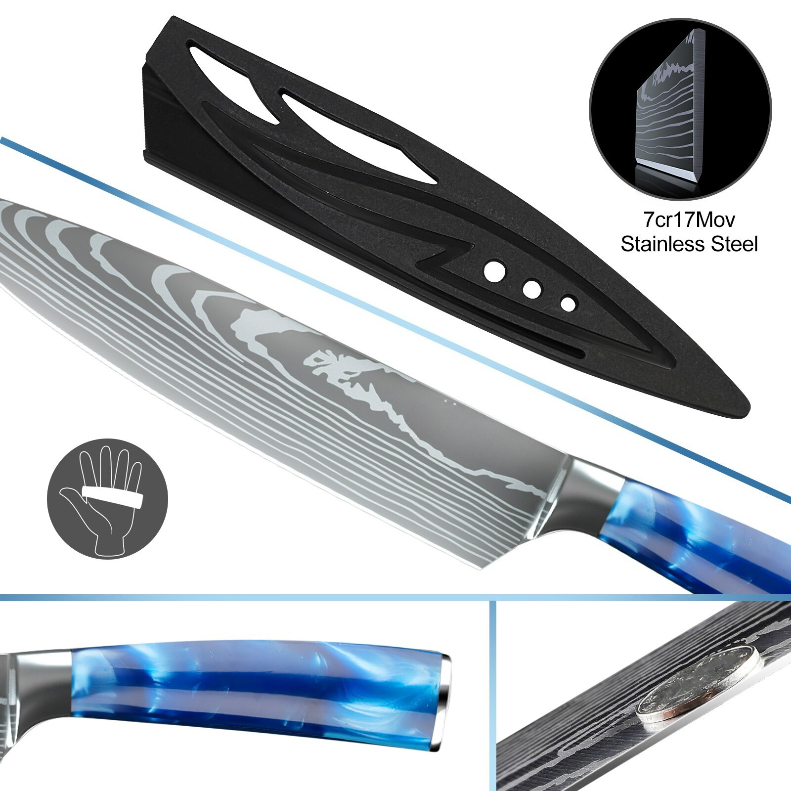 9PCS Chef Knife Set, High Carbon Steel Damascus Kitchen Knives with Sheath & Bag