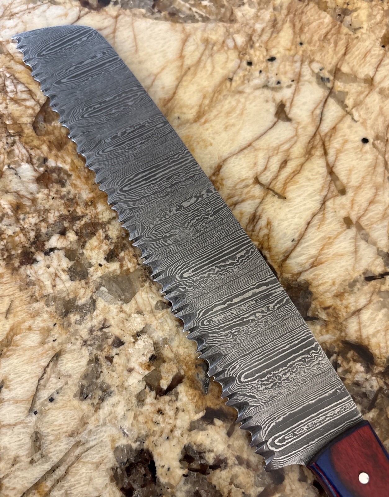 13” Damascus Serrated Bread Knife W/ Multi Colored Wood Handle & Leather Sheath