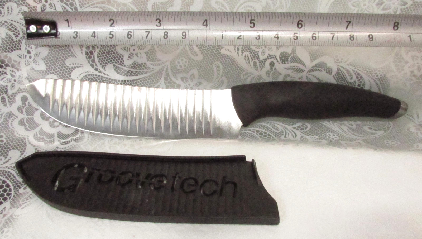Groove Tech 5″ Blade Chef Kitchen KNIFE with SHEATH Black Rubber Handle Made USA