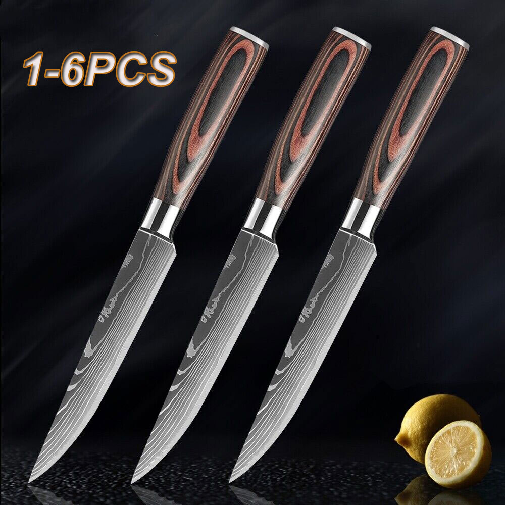 1-6PCS Kitchen Knife Cleaver Chef Stainless Steel Damascus Sharp Steak Knives US