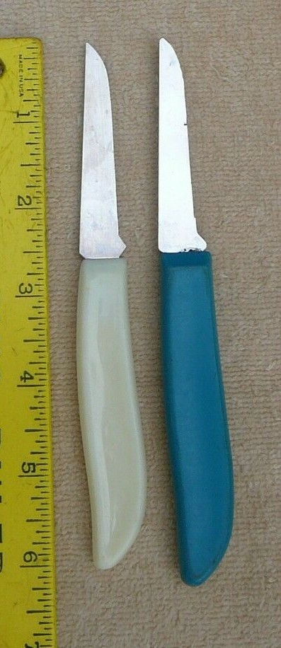 Set of 2 Fruit knives Stainless blades teal and cream colored plastic handles