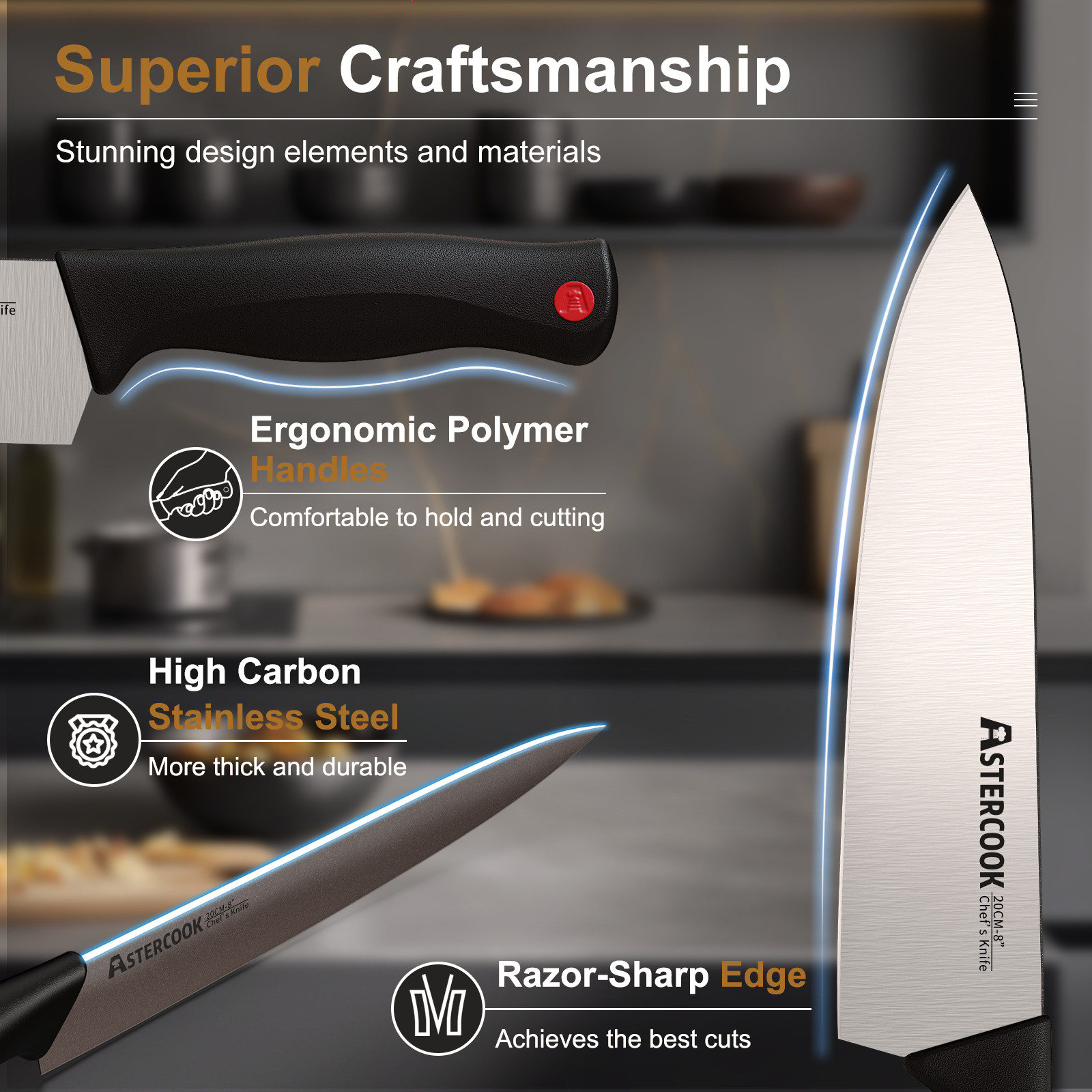 Astercook 14-Piece Knife Set w/ Block & Sharpener, German Stainless Steel