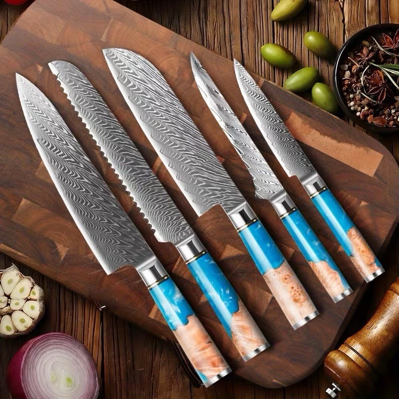 Damascus Steel Knife – 5 Piece Set – Unique Blue Resin Wood Handle w/ Gift Box