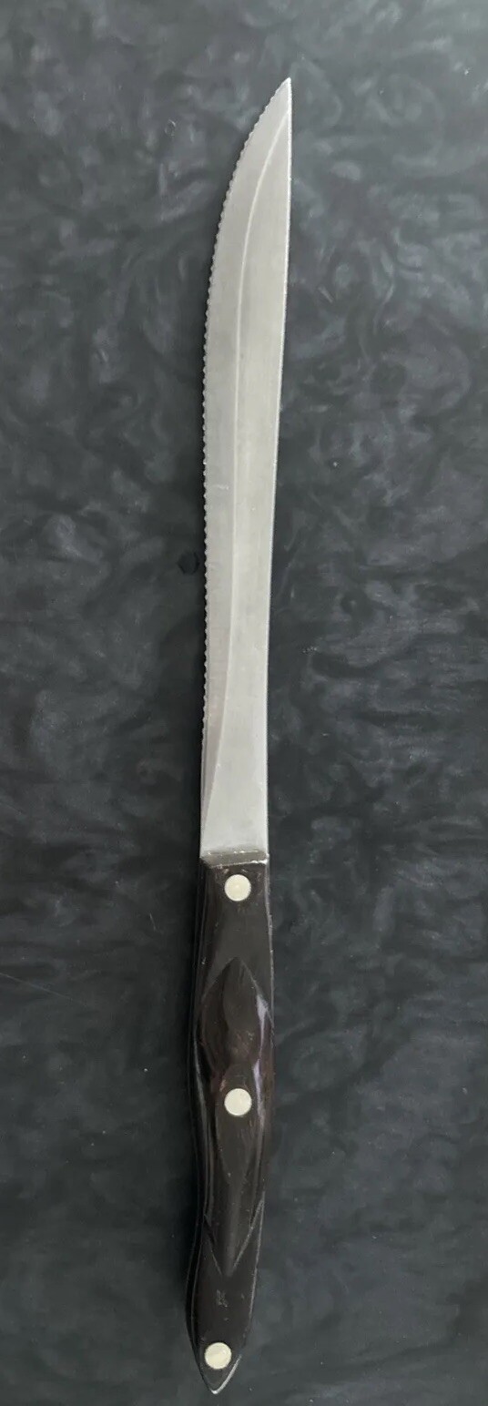 Vintage Cutco 1723 C77 Serrated Carving Knife Brown Orange Swirl Handle 14.5″