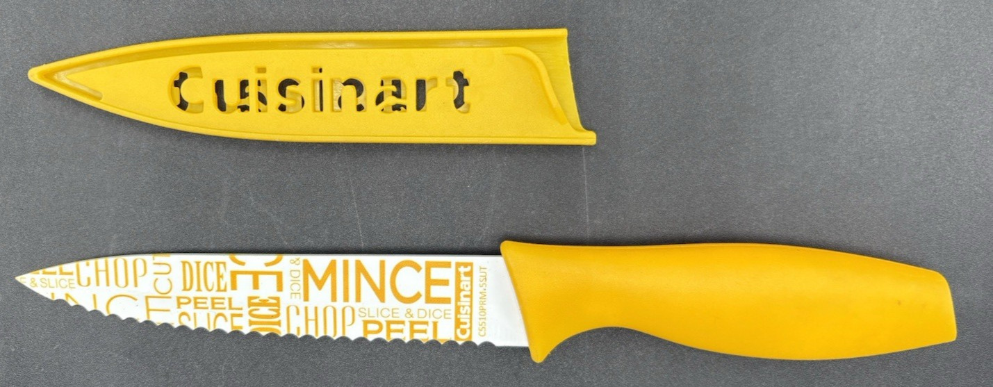 Cuisinart 5.5″ x 9.5″ Serrated Knife Mince Peel Dice Slice Yellow w/ Sheath NEW