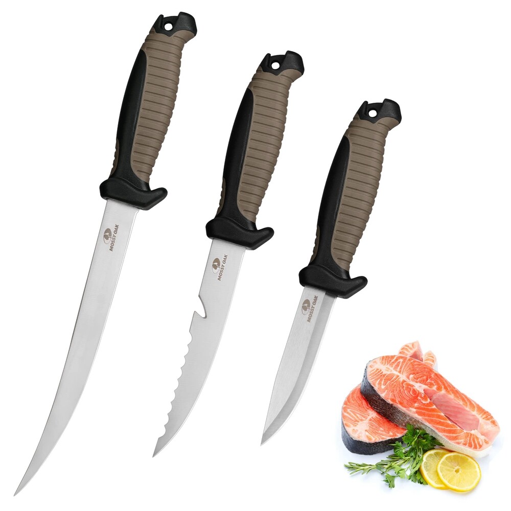 Mossy Oak 3PCS Fishing Knife Sets Stainless Steel Filet Knife Dual-Color Handles