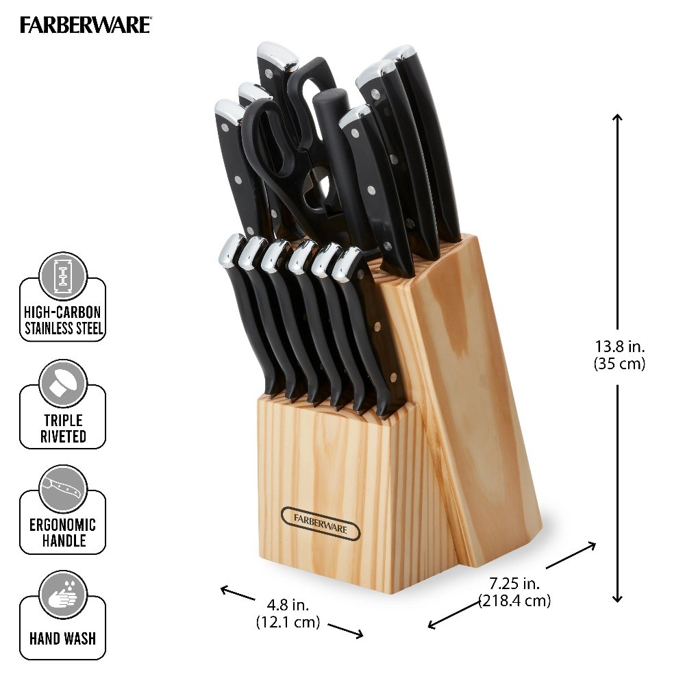 15-Piece Triple Rivet Kitchen Knife Block Set with Wood Block and Black Handles